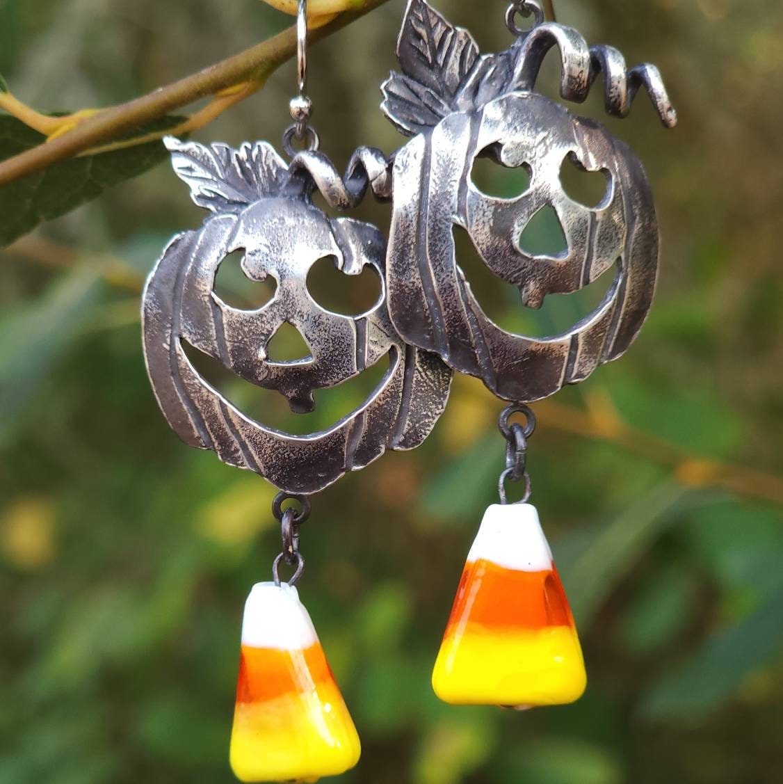 Jack O Lantern Candy Corn Silver Glass Earrings