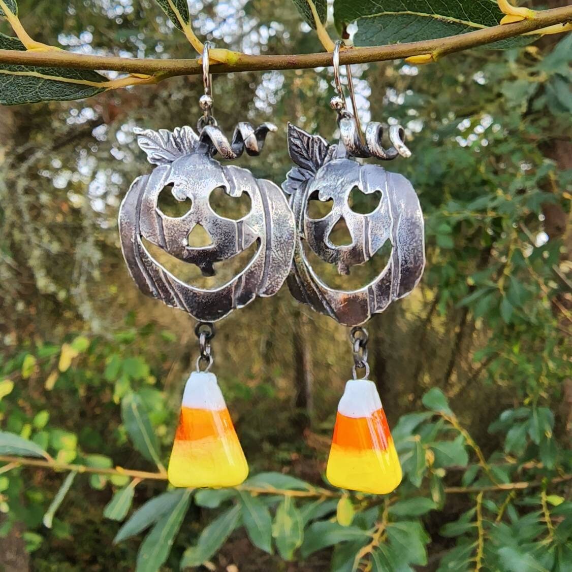 Jack O Lantern Candy Corn Silver Glass Earrings