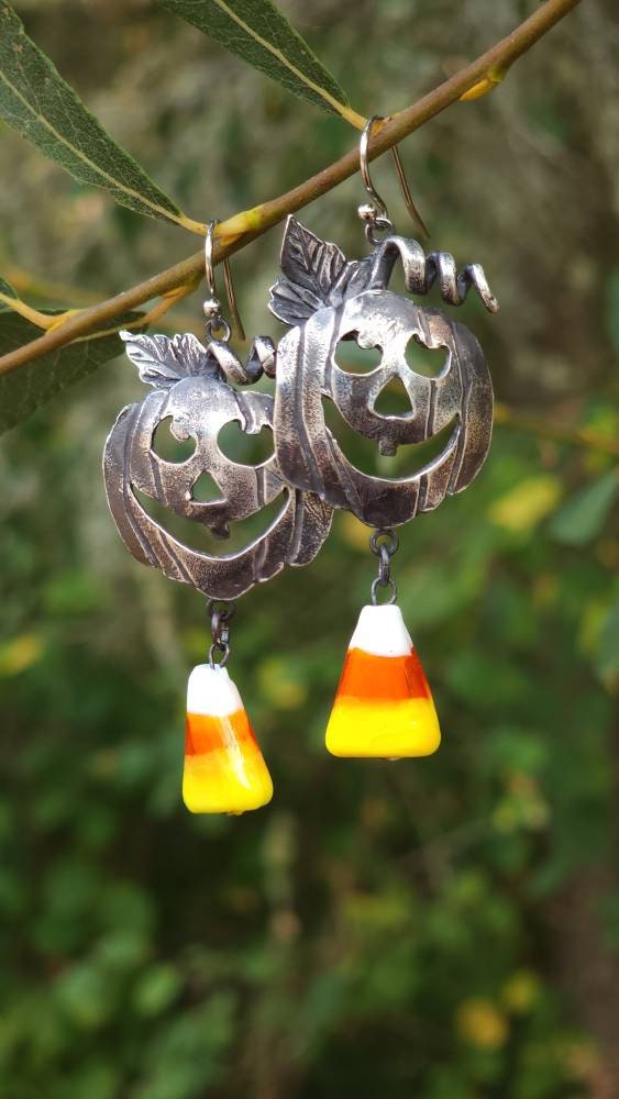Jack O Lantern Candy Corn Silver Glass Earrings