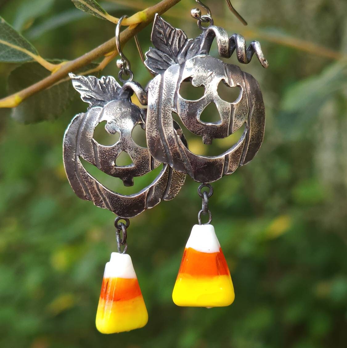 Jack O Lantern Candy Corn Silver Glass Earrings