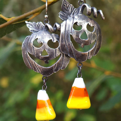 Jack O Lantern Candy Corn Silver Glass Earrings
