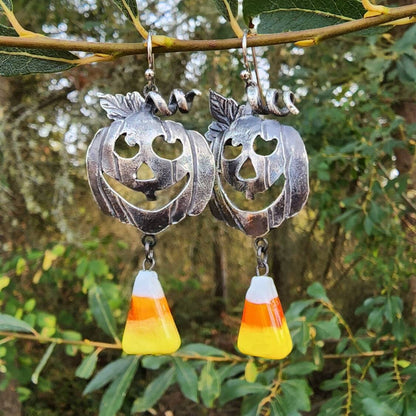 Jack O Lantern Candy Corn Silver Glass Earrings